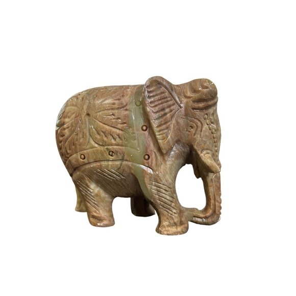 Handcrafted Solid Soapstone Elephant Statue Figurine Intricate Detail Trunk-Down - Picture 1 of 6
